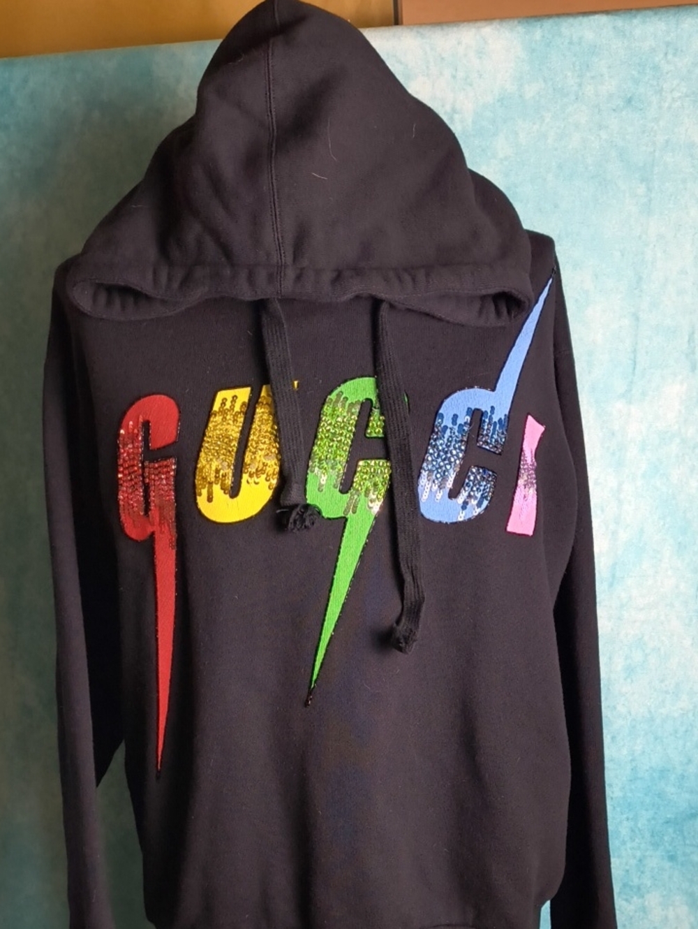 Gucci Rhinestone Sequin Beaded Multicolor Logo Black Sweatshirt Hoodie Sz. S